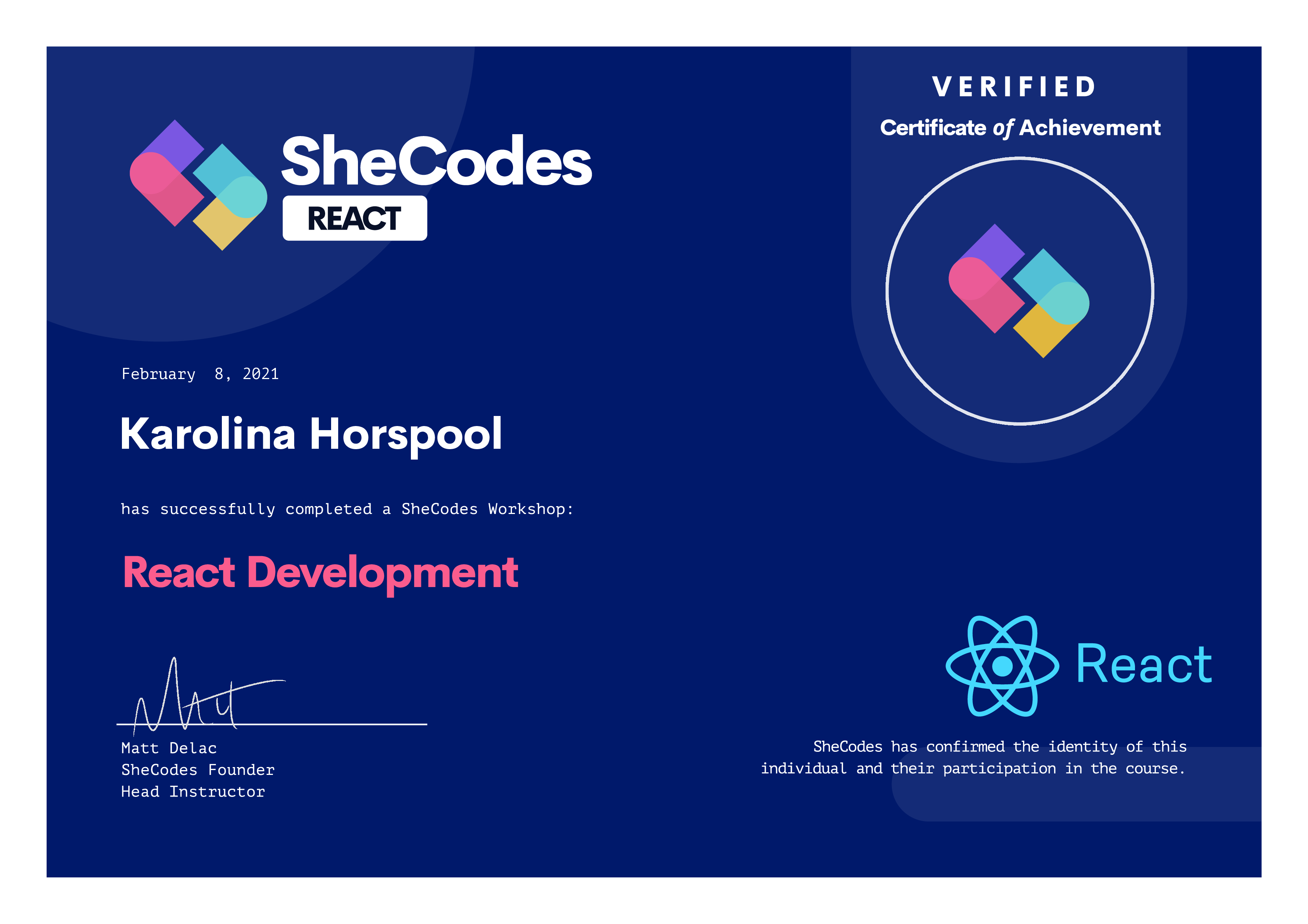 My React Development certificate